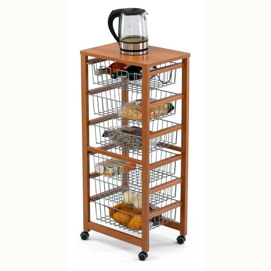 Carro cocina GUSTAVO, Carrito de Cocina con 5 Cestas, 1 Portabotellas, Carrito de Cocina de madera, Cerezo