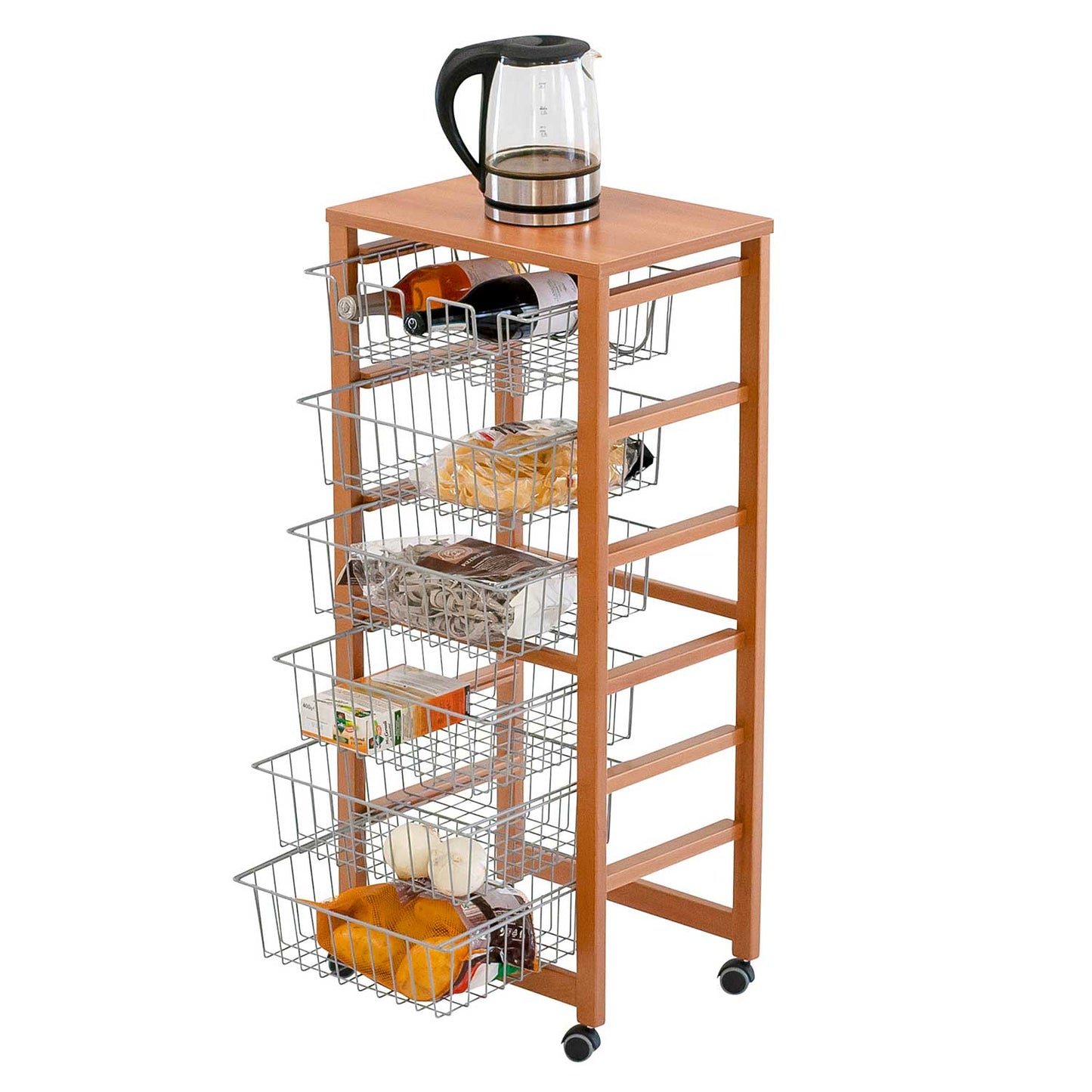 ARIT - Carro cocina GUSTAVO, Carrito de Cocina con 5 Cestas, 1 Portabotellas, Carrito de Cocina de madera, Cerezo