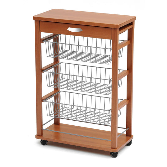 Carro cocina RAIKON de haya maciza, carro de cocina con 3 cestas y cajón grande, carro de cocina de madera, Cerezo, ARIT, 1