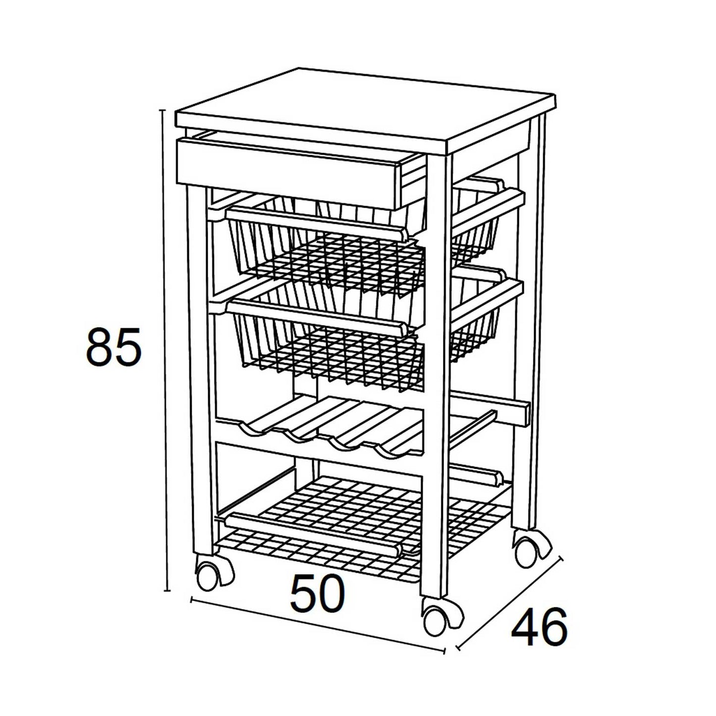 Carrito de cocina con encimera ARTURO, portabotellas central, Carrito de cocina de madera, Blanco, 3
