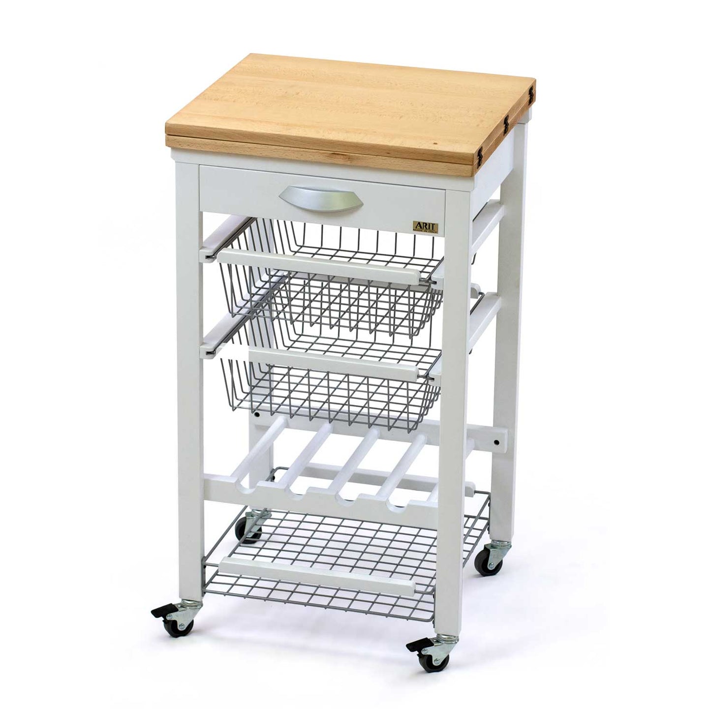 Carro de cocina con encimera GASTONE, superficie de trabajo de haya maciza (50 a 100 cm), Carro de cocina de madera, Blanco, 1