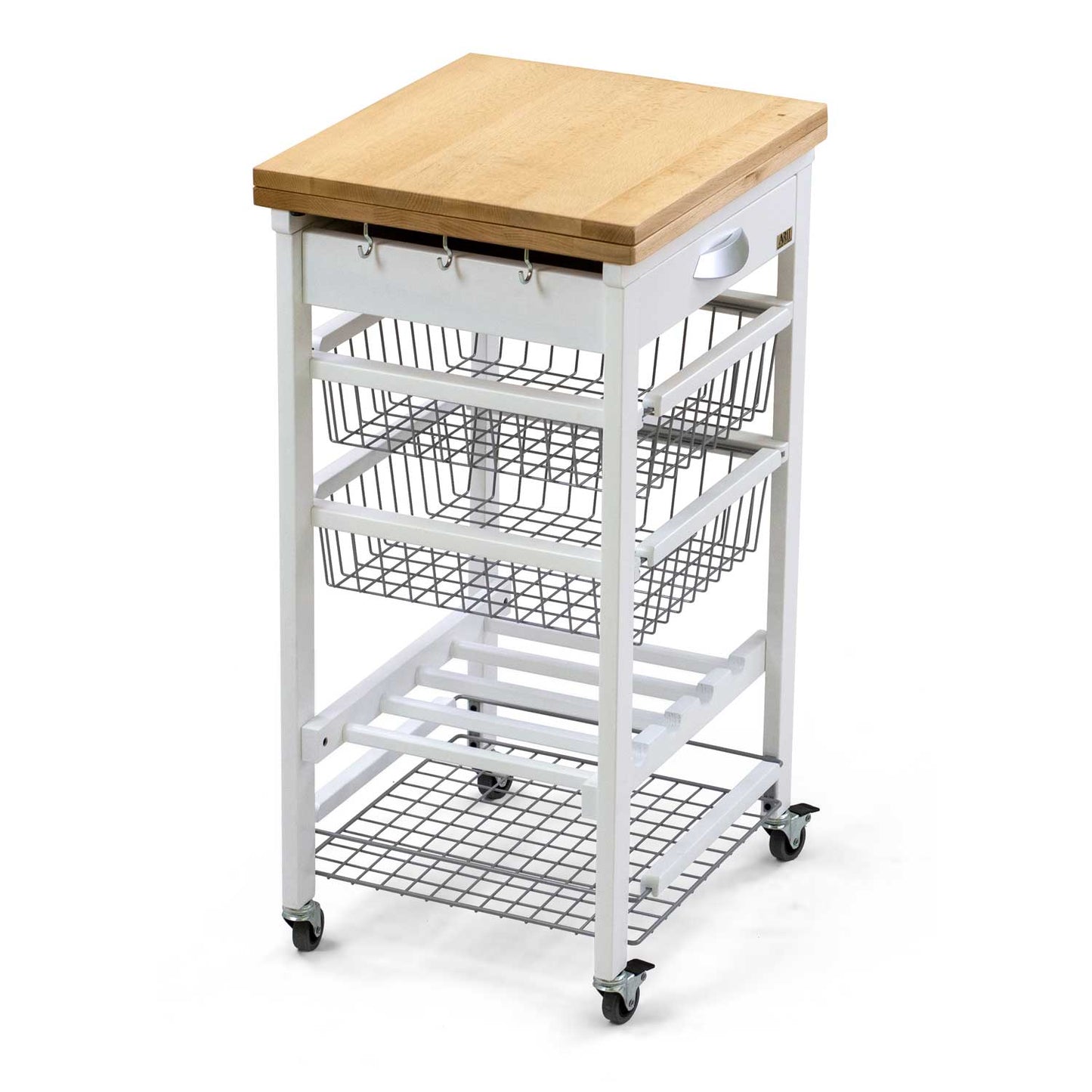 Carro de cocina con encimera GASTONE, superficie de trabajo de haya maciza (50 a 100 cm), madera, Blanco, 3