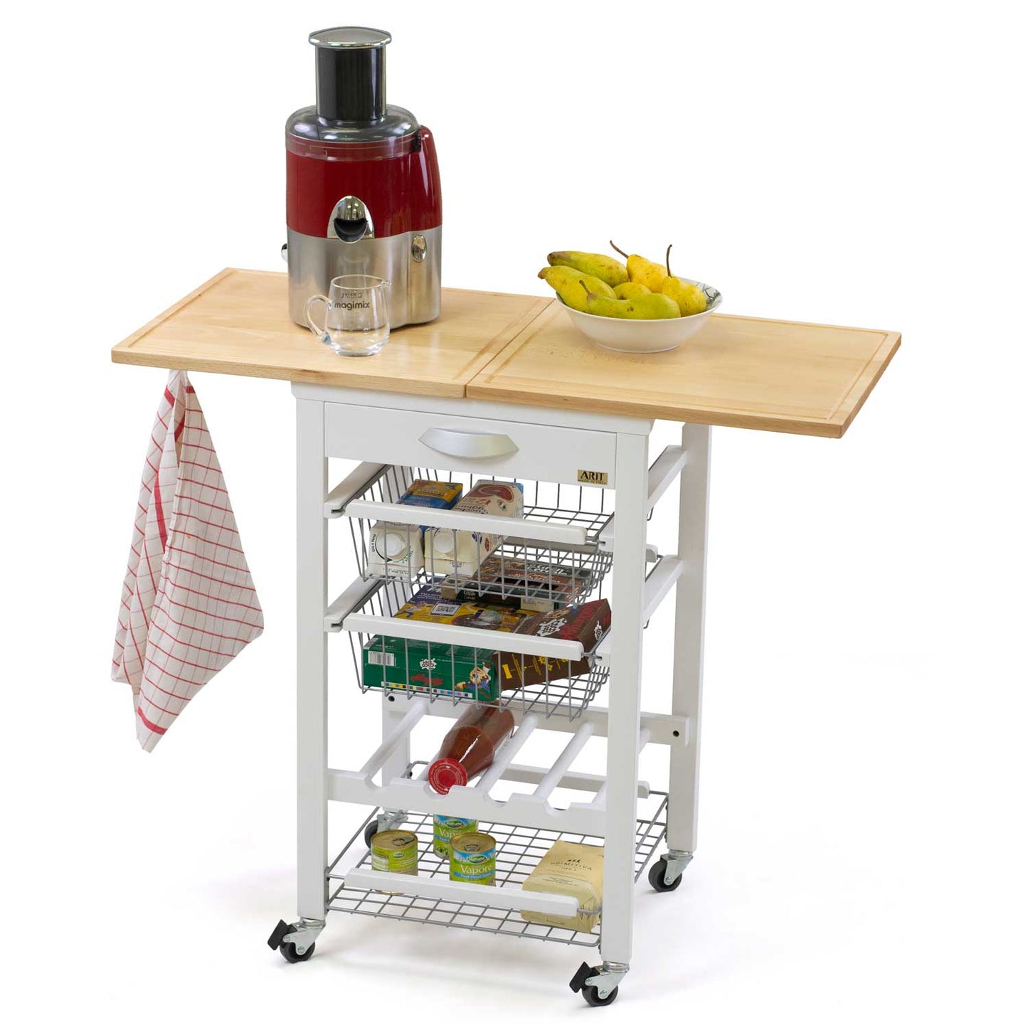 ARIT - Carro de cocina con encimera GASTONE, superficie de trabajo de haya maciza (50 a 100 cm), madera, Blanco