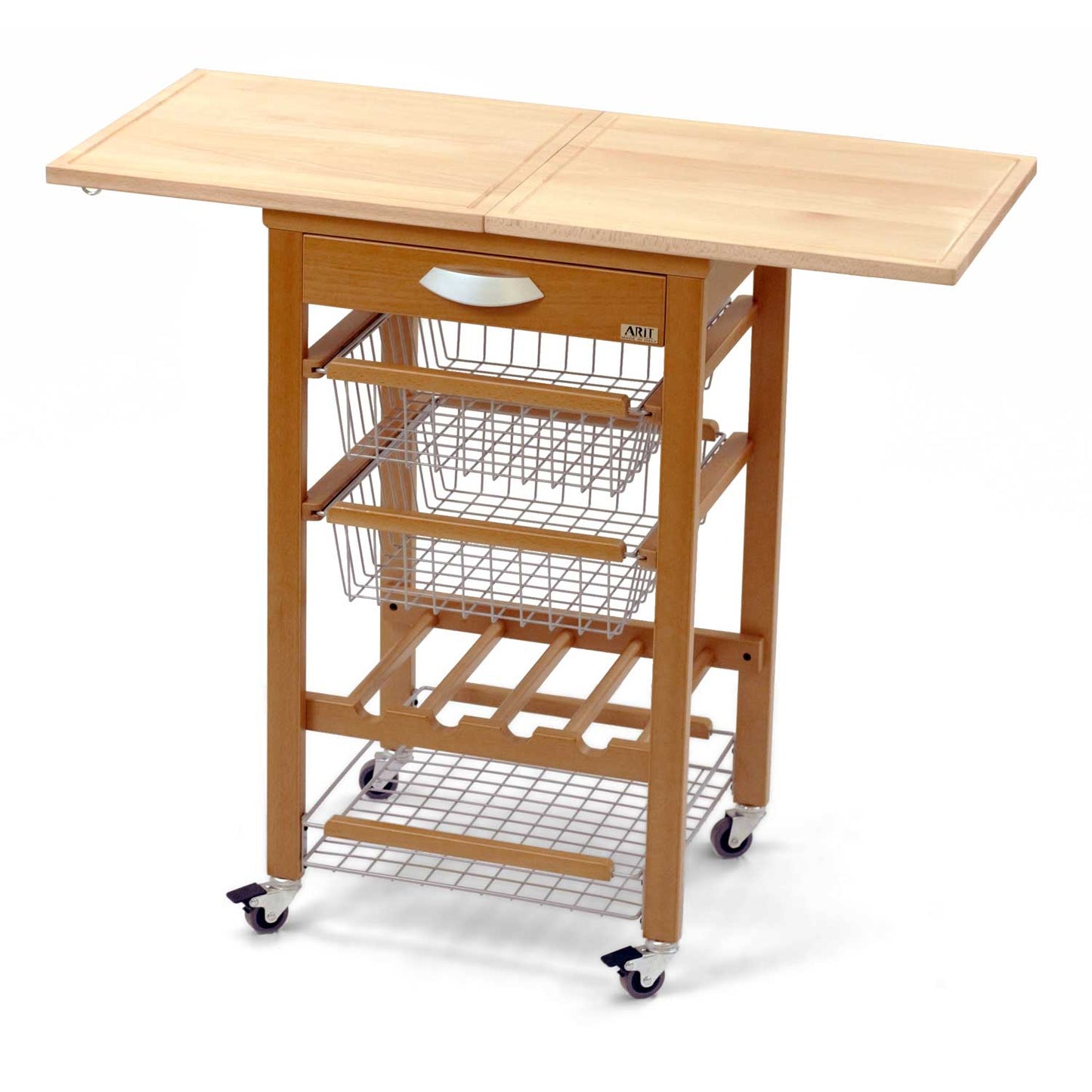 Carro de cocina con encimera GASTONE, superficie de trabajo de haya maciza (50 a 100 cm), madera, cerezo, 2