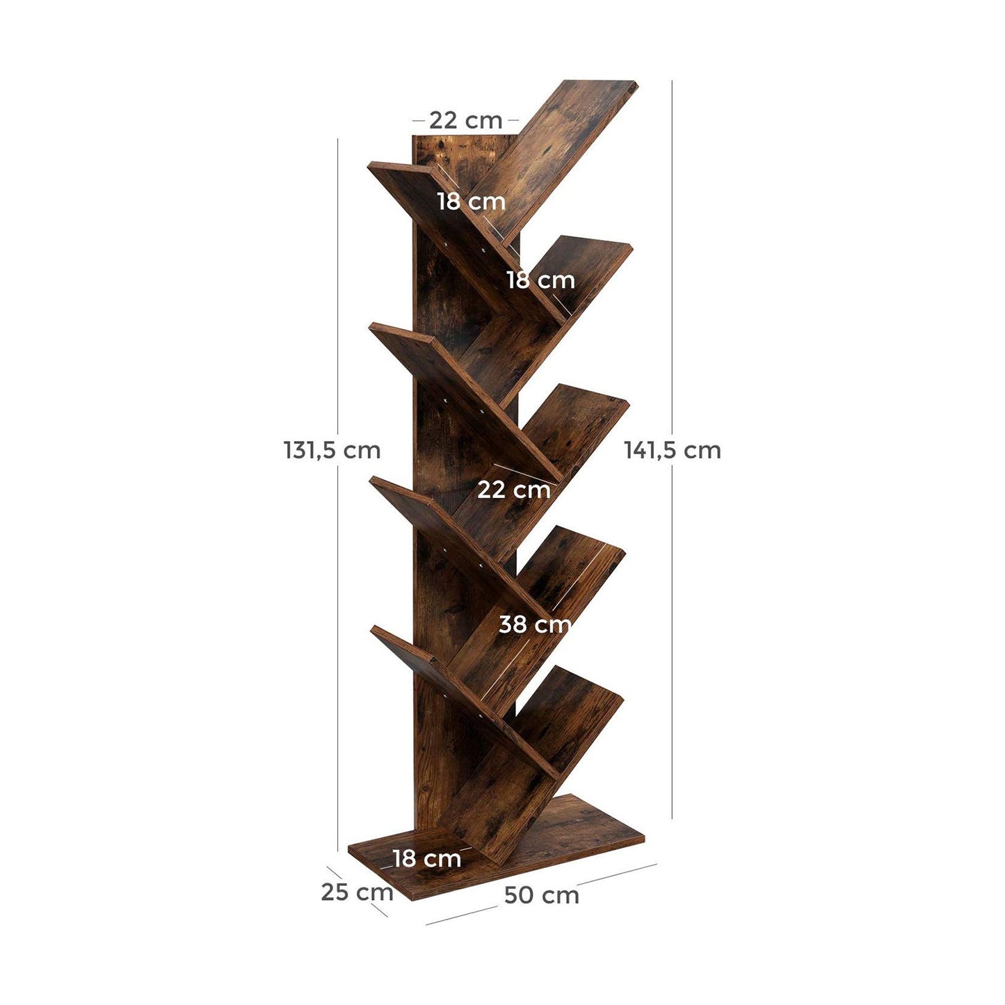 VASAGLE - Librería en Forma de Árbol, Librería de 8 Niveles con Estantes de Madera, para Sala de Estar, Oficina Doméstica, Marrón Rústico