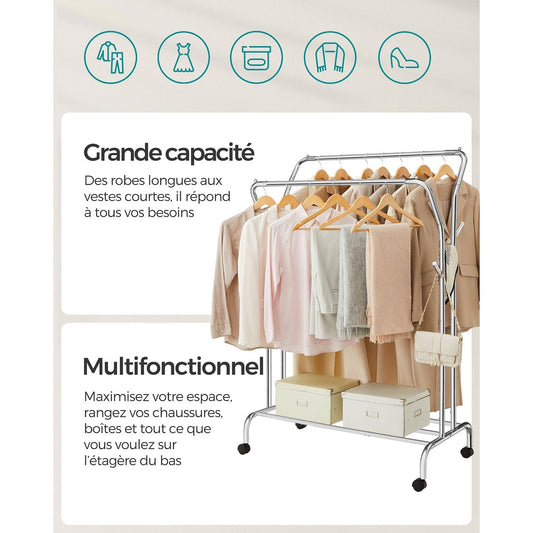 Burro Ropa, Resistente, 2 Barras de Ropa, Perchero Burro, con Ruedas, SONGMICS, 2