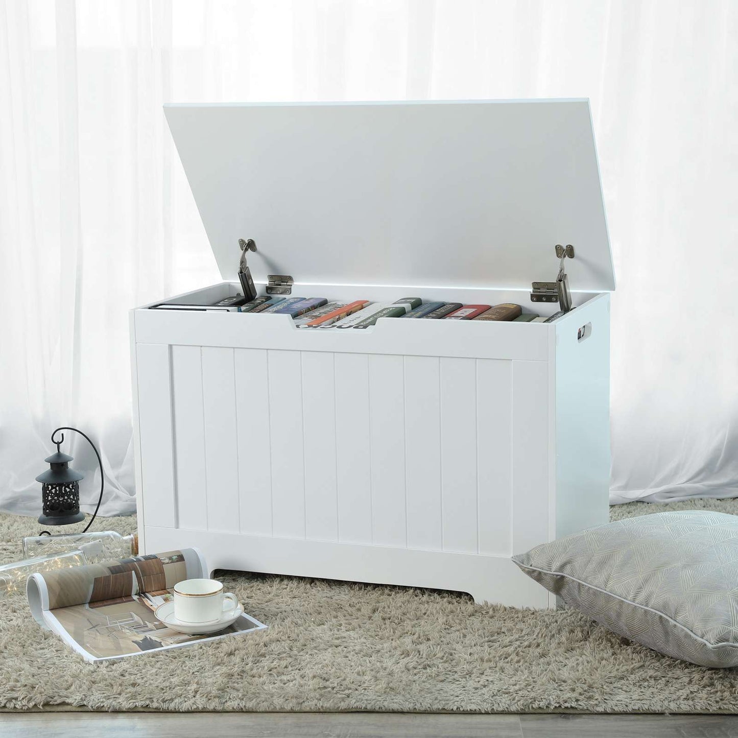 VASAGLE - Taburete de Almacenamiento Banco con Zapatero Caja para Juguetes Taburete para Cama Gran Capacidad Tablero MDF Blanco