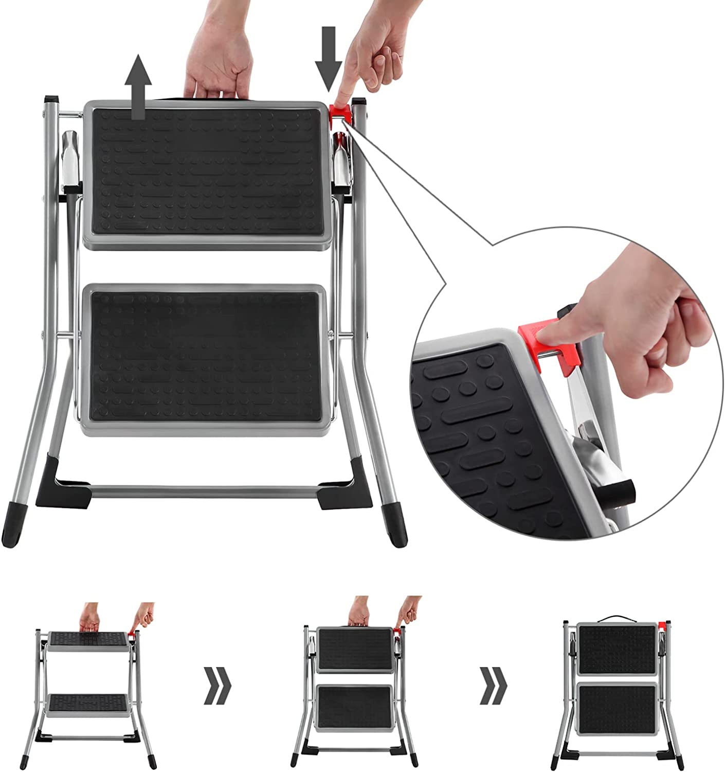 Escalera, Taburete plegable, Escalera de 2 peldaños - Antideslizante y resistente, SONGMICS, escalera metalica