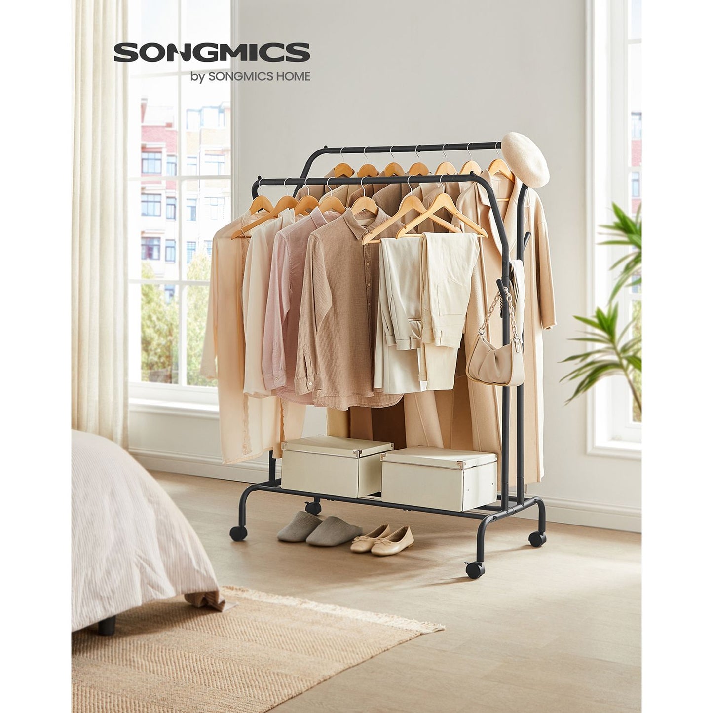 SONGMICS - Partes de ropa en rollos, 2 barras de ropa, soporte de espacio de acero hecho de tuberías de acero, hasta 100 kg de resistencia, Negro