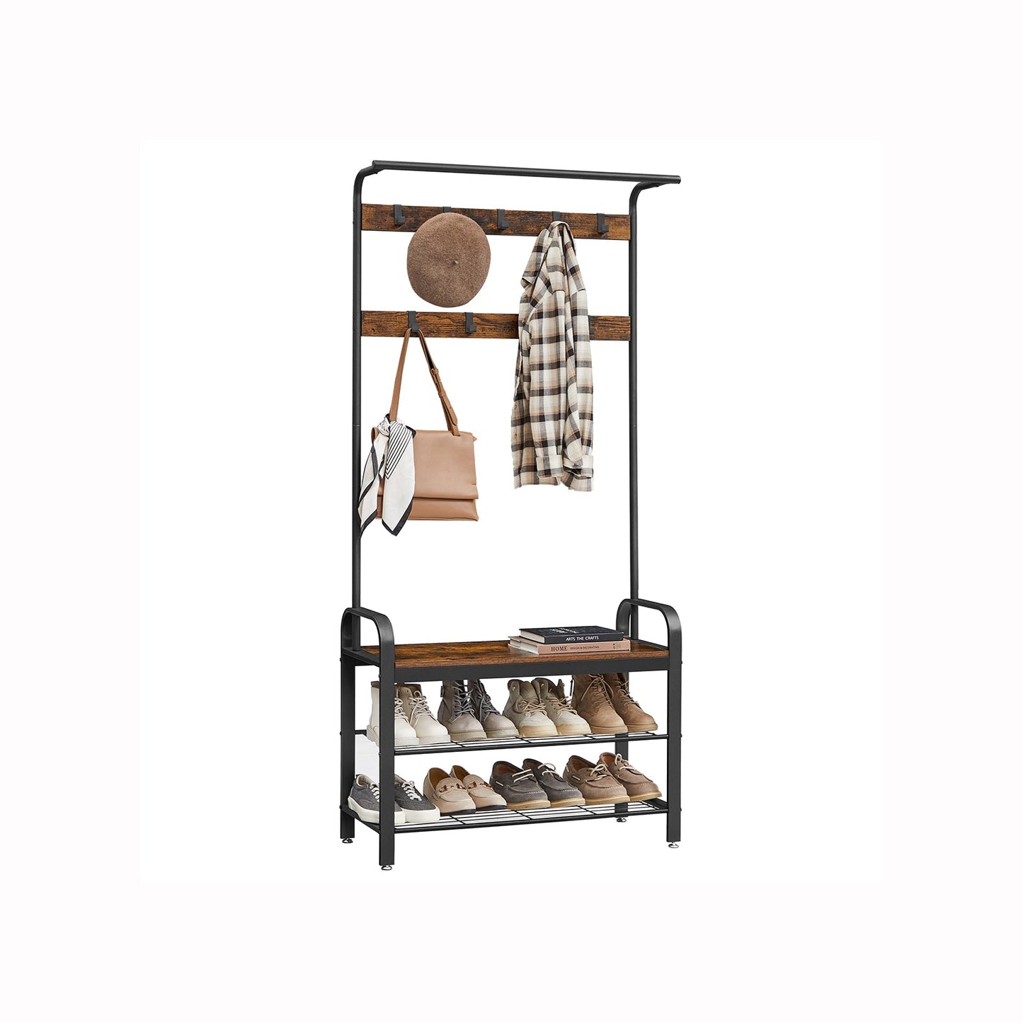 VASAGLE - Soporte de vestuario, shaperroom, perches de ropa con 9 ganchos extraíbles, banco, 2 rejillas de cuadrícula, 183 cm de altura