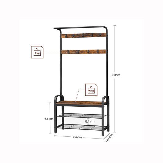 VASAGLE - Soporte de vestuario, shaperroom, perches de ropa con 9 ganchos extraíbles, banco, 2 rejillas de cuadrícula, 183 cm de altura