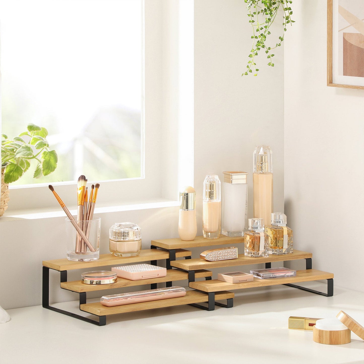 SONGMICS - Especiero, Juego de 2 Estante para Especias, Especiero Extensible de 3 Niveles, de Bambú, Apilable, para Despensa, Encimera, Mostrador