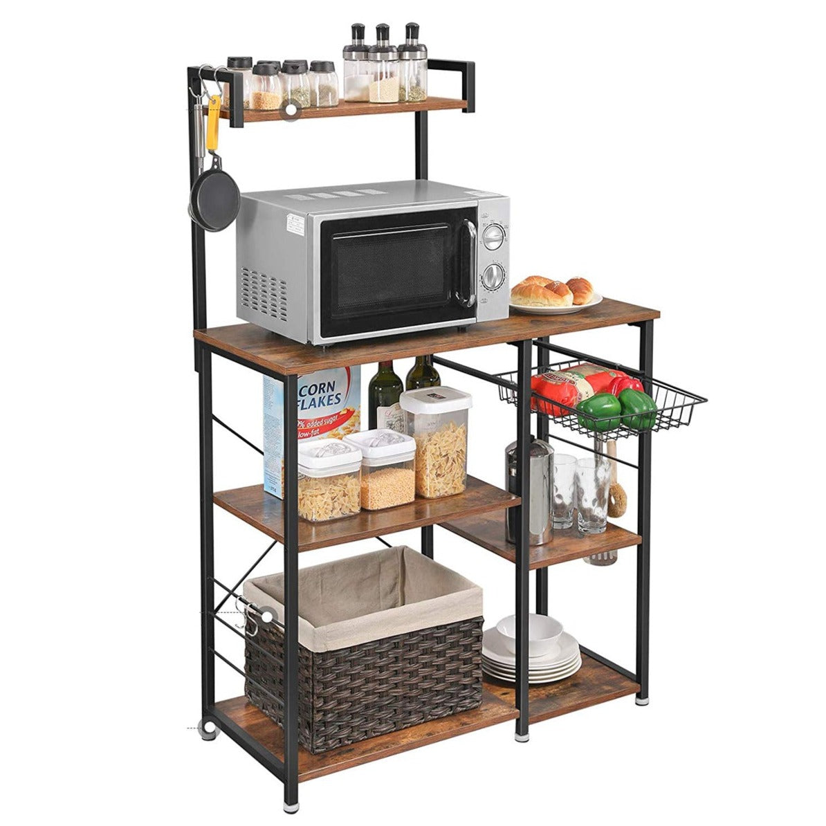 Vasagle Estantería de Cocina con Cesta de Alambre y Ganchos, Soporte Microondas