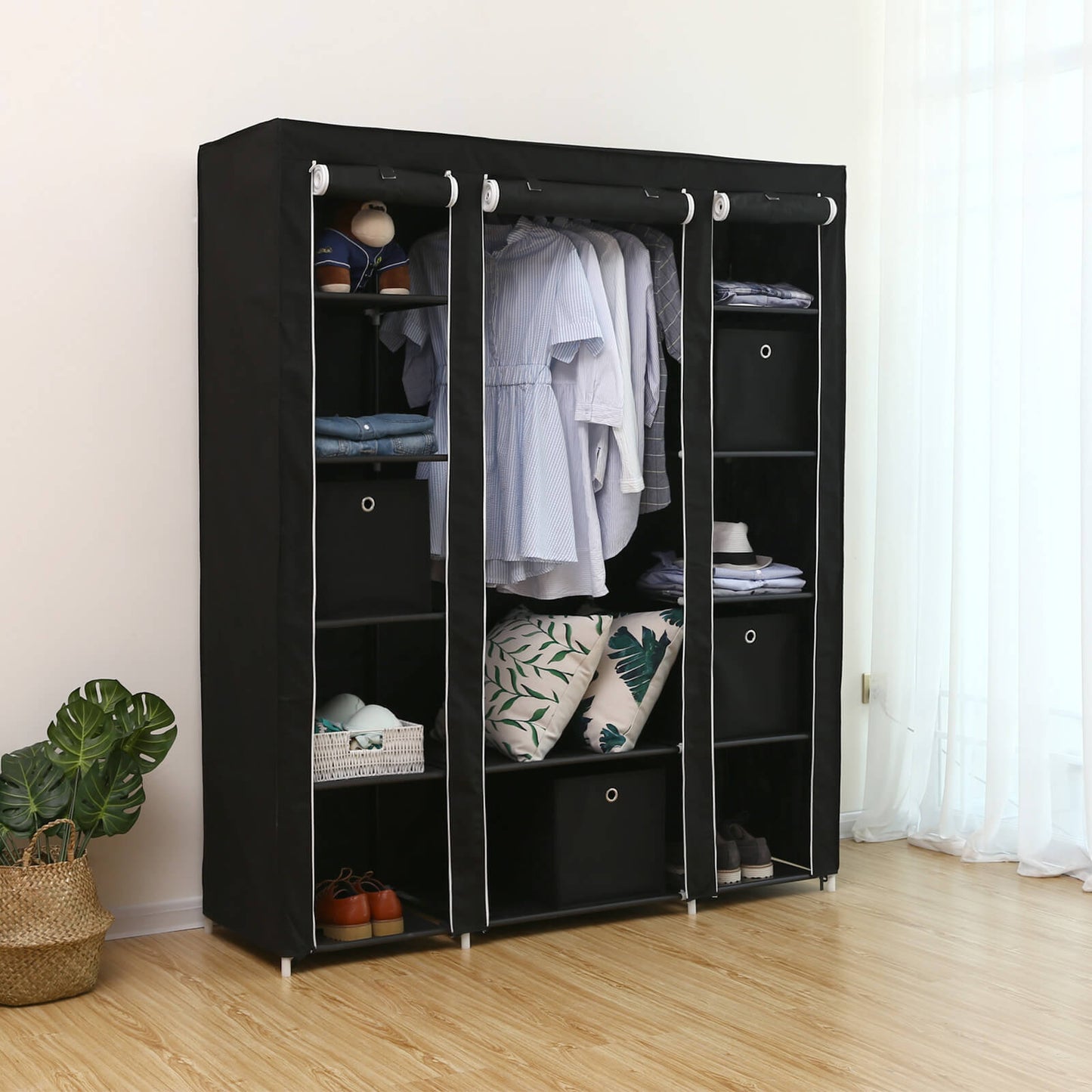 Armario de Tela, Armario Plegable de Tela con Cremalleras, 150x45x180 cm, Negro, Songmics, 1