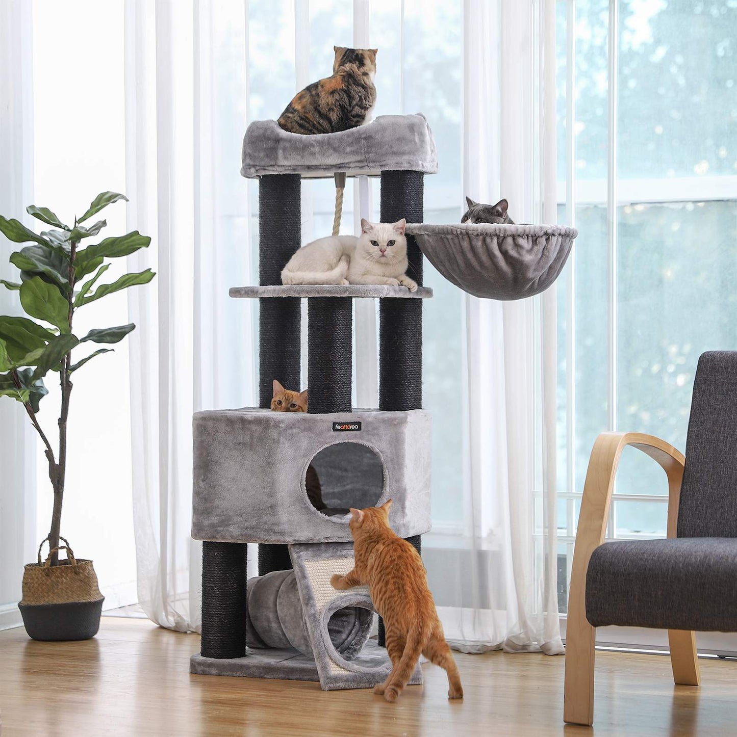 Árbol para Gatos con Plataforma, Cueva Grande y Postes Envueltos en Sisal