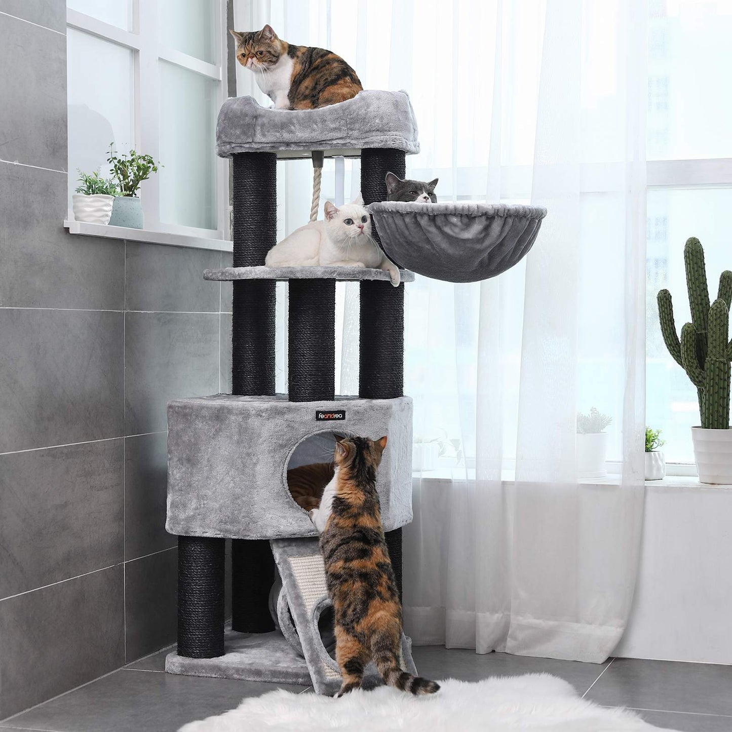 Árbol para Gatos con Plataforma, Cueva Grande y Postes Envueltos en Sisal