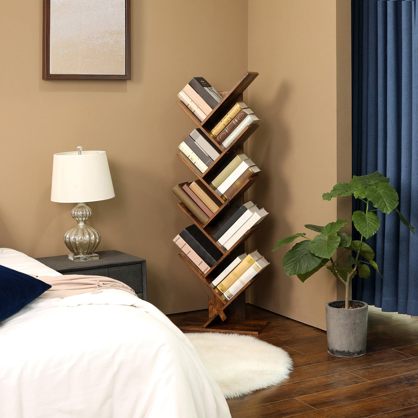 VASAGLE - Librería en Forma de Árbol, Librería de 8 Niveles con Estantes de Madera, para Sala de Estar, Oficina Doméstica, Marrón Rústico
