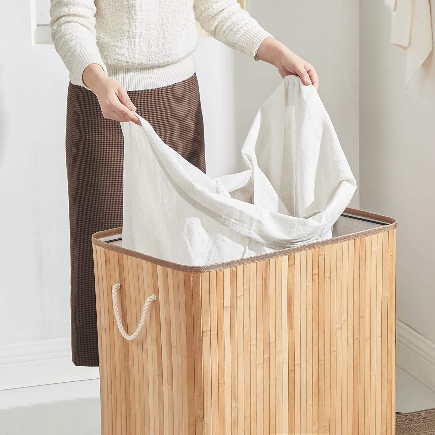 Cesta de Lavandería con Tapa, 3 Compartimentos, 150L