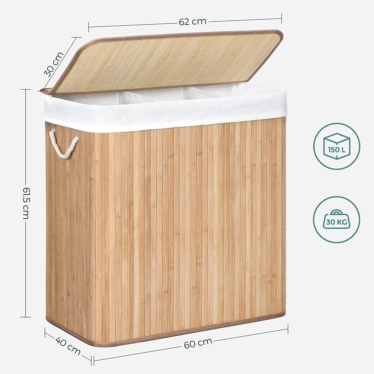Cesta de Lavandería con Tapa, 3 Compartimentos, 150L