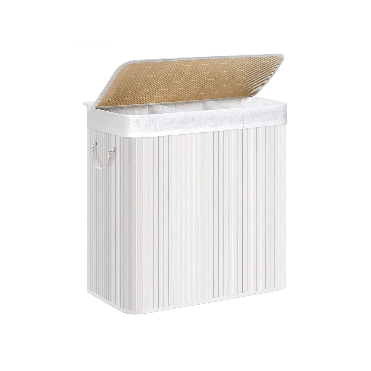 SONGMICS - Canasta de lavandería, coleccionista de lavandería, hecha de bambú, 150 l, 3 compartimentos, tapa con clips,