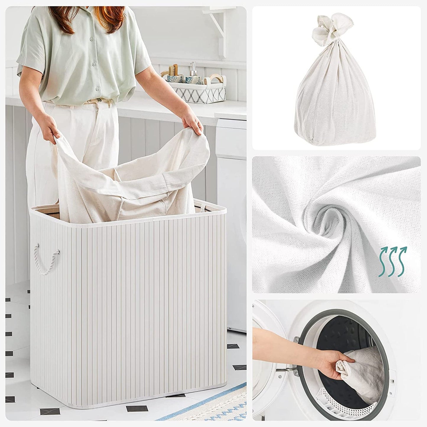 SONGMICS - Canasta de lavandería, coleccionista de lavandería, hecha de bambú, 150 l, 3 compartimentos, tapa con clips,