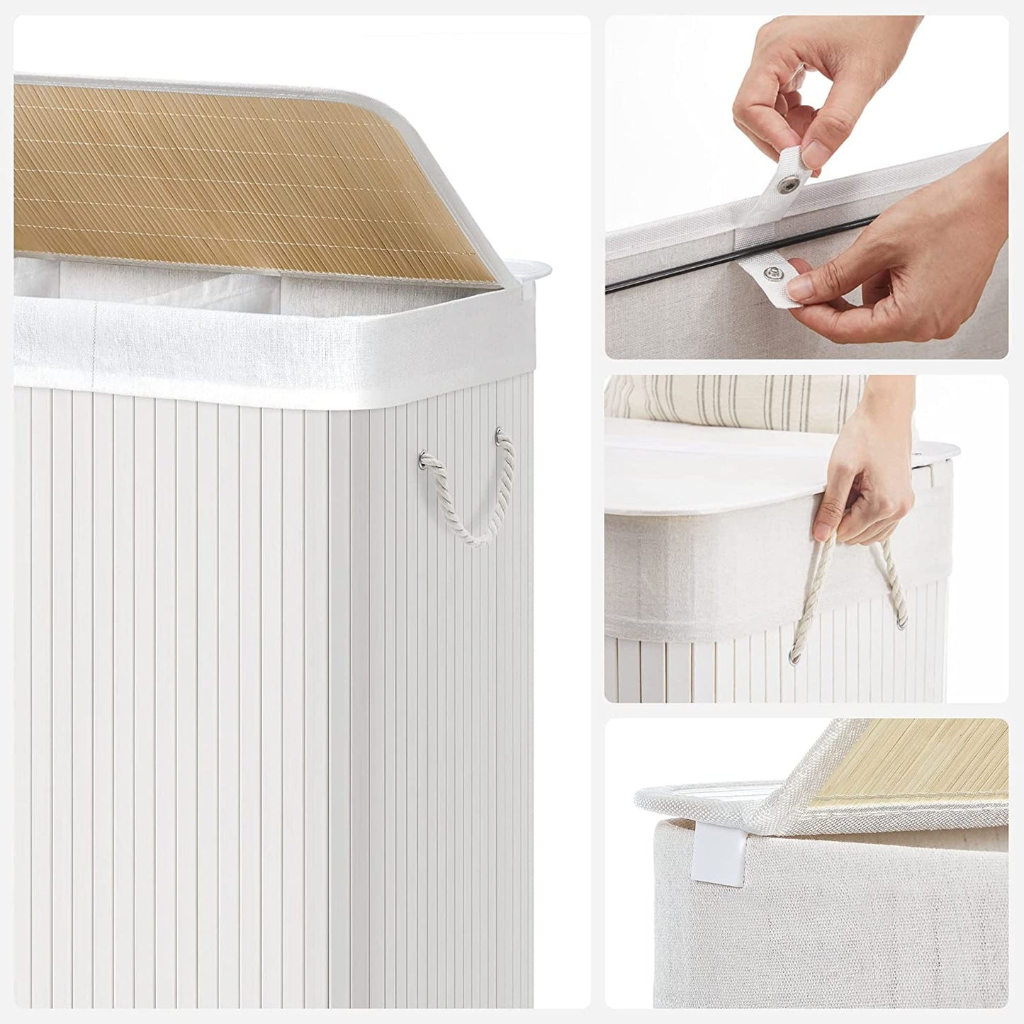 SONGMICS - Canasta de lavandería, coleccionista de lavandería, hecha de bambú, 150 l, 3 compartimentos, tapa con clips,