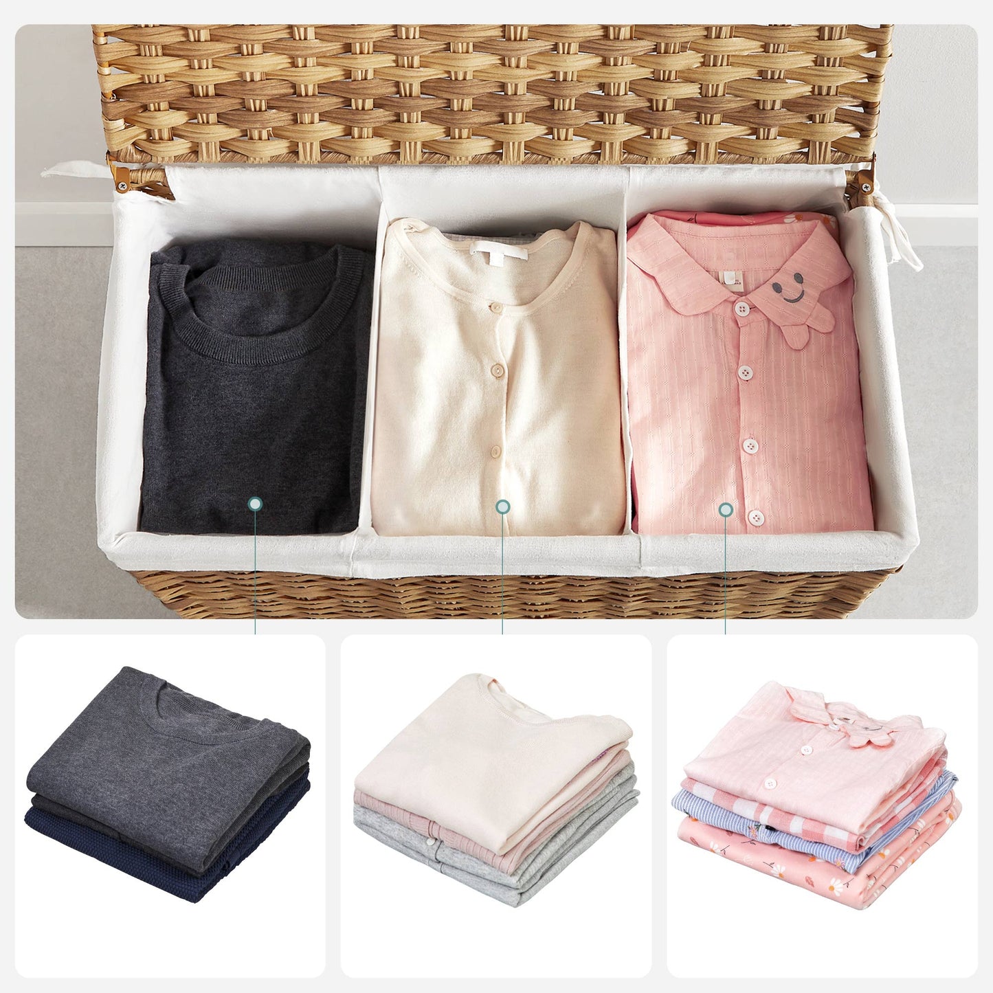 Cesta de Lavandería de Ratán Sintético, 3 Compartimentos, 140L