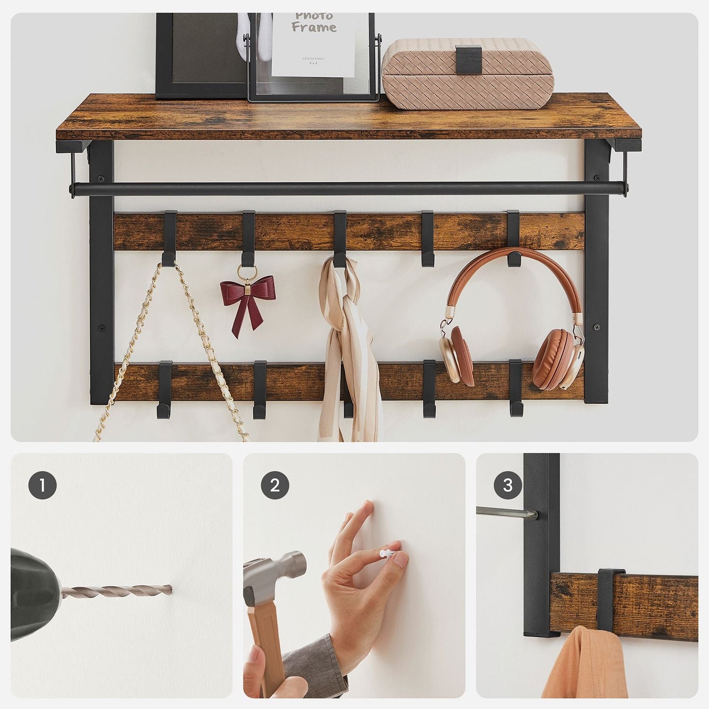 VASAGLE - Armario de pared, con estante, estante de pared con 10 ganchos extraíbles, estante para colgar, montaje de pared, 2 tiras de vestuario