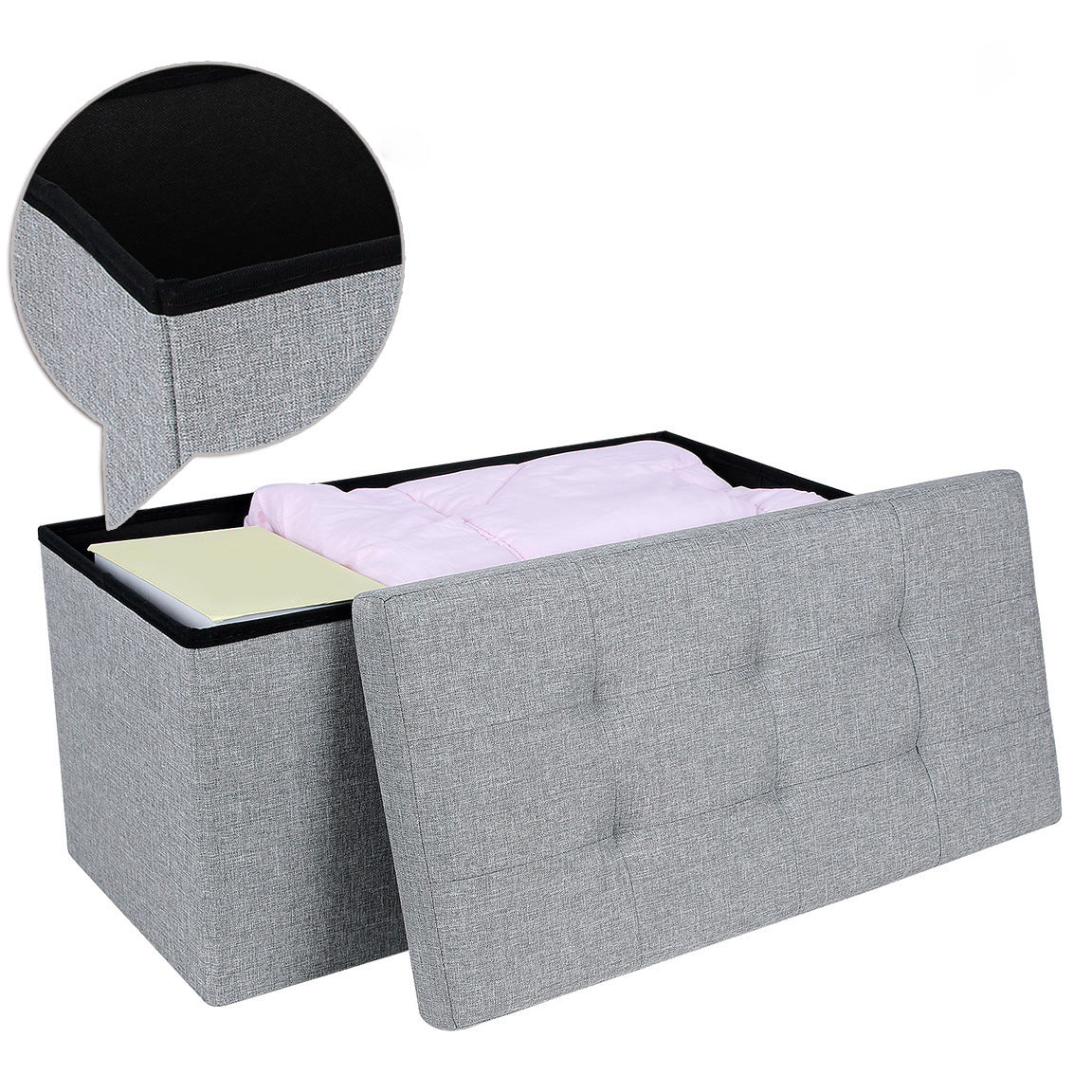 SONGMICS - Taburete Plegable para Almacenaje, Lino, 76 x 38 x 38 cm, Gris Claro