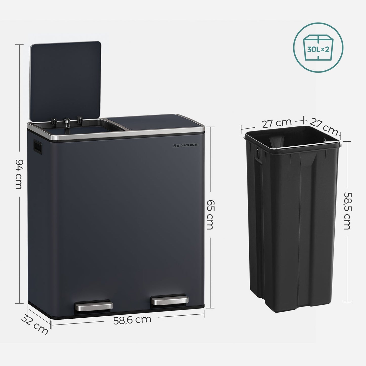 Songmics Basurero de Reciclaje con 2 Compartimentos (30L cada uno)