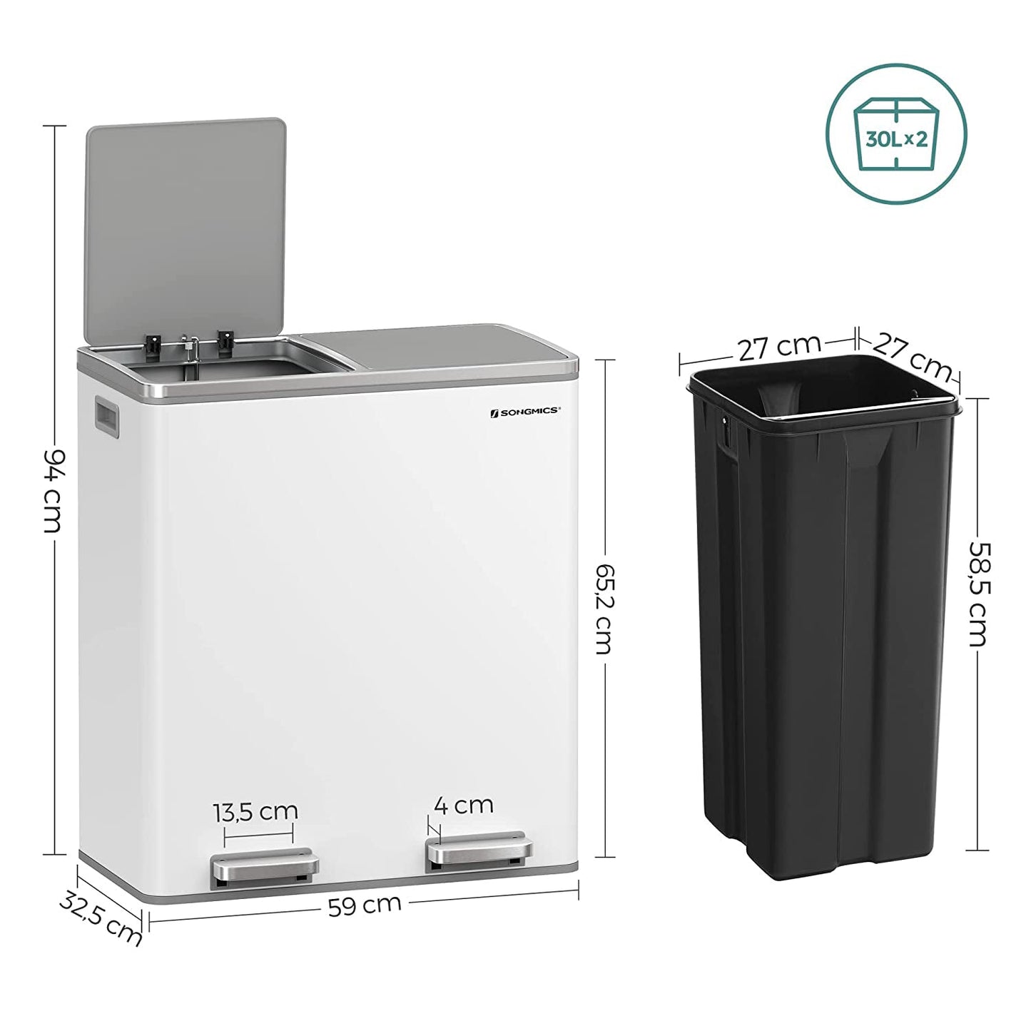 Songmics Basurero de Reciclaje con 2 Compartimentos (30L cada uno)
