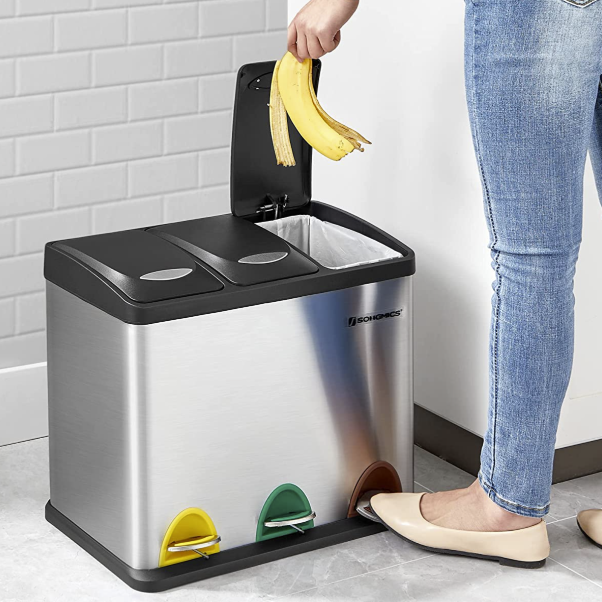 Cubo de Basura de Acero Inoxidable con Tres Compartimentos y Pedal