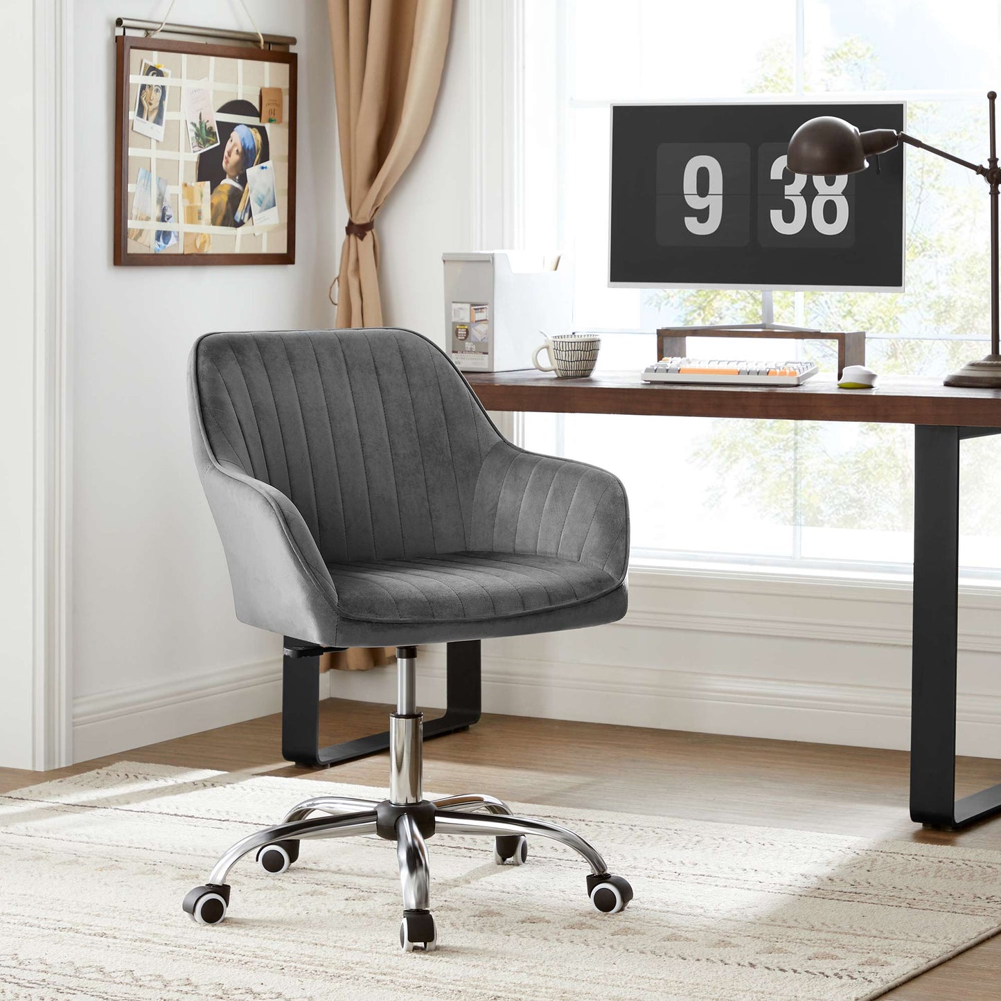 Songmics Silla de Oficina Terciopelo, Silla Giratoria Gris Claro