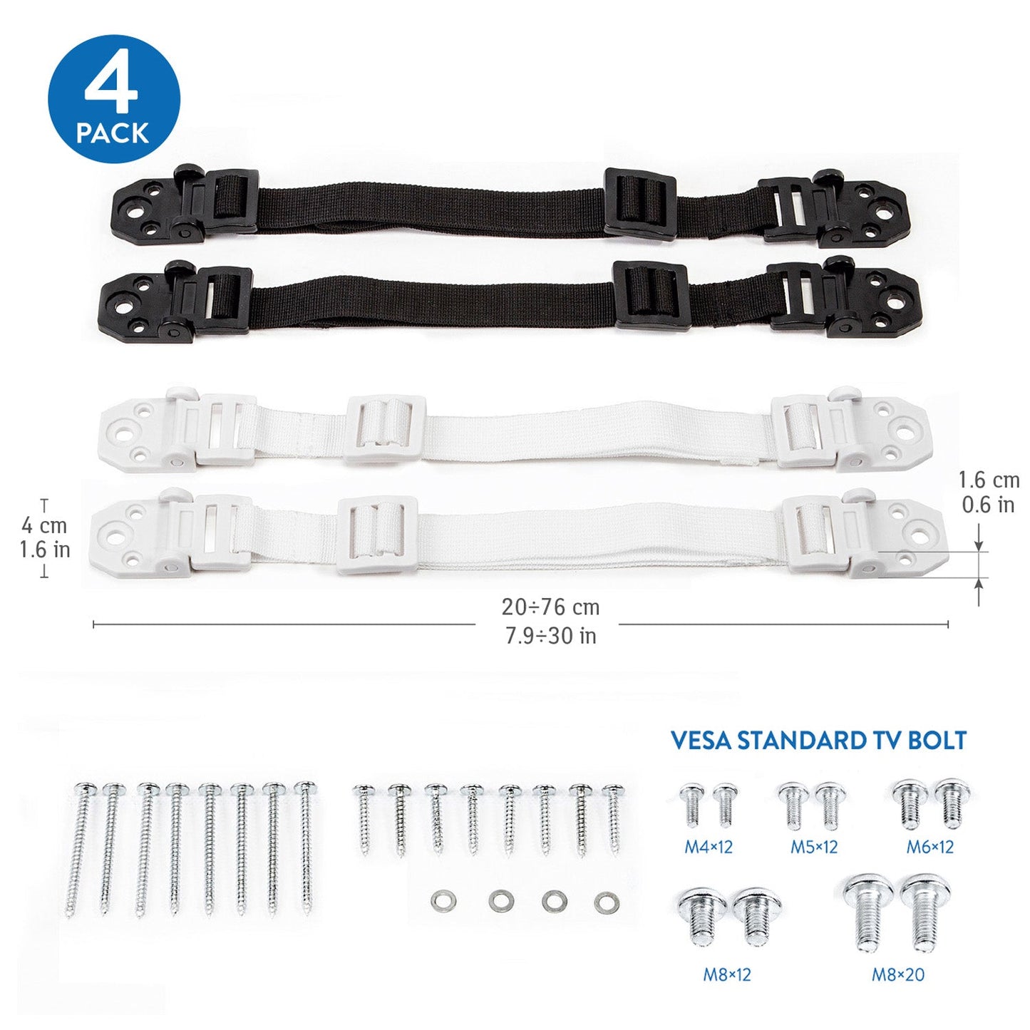 Tatkraft Protect Correa de Seguridad para TV Universal, Nylon, 4 Pack (2 Blancos y 2 Negros)