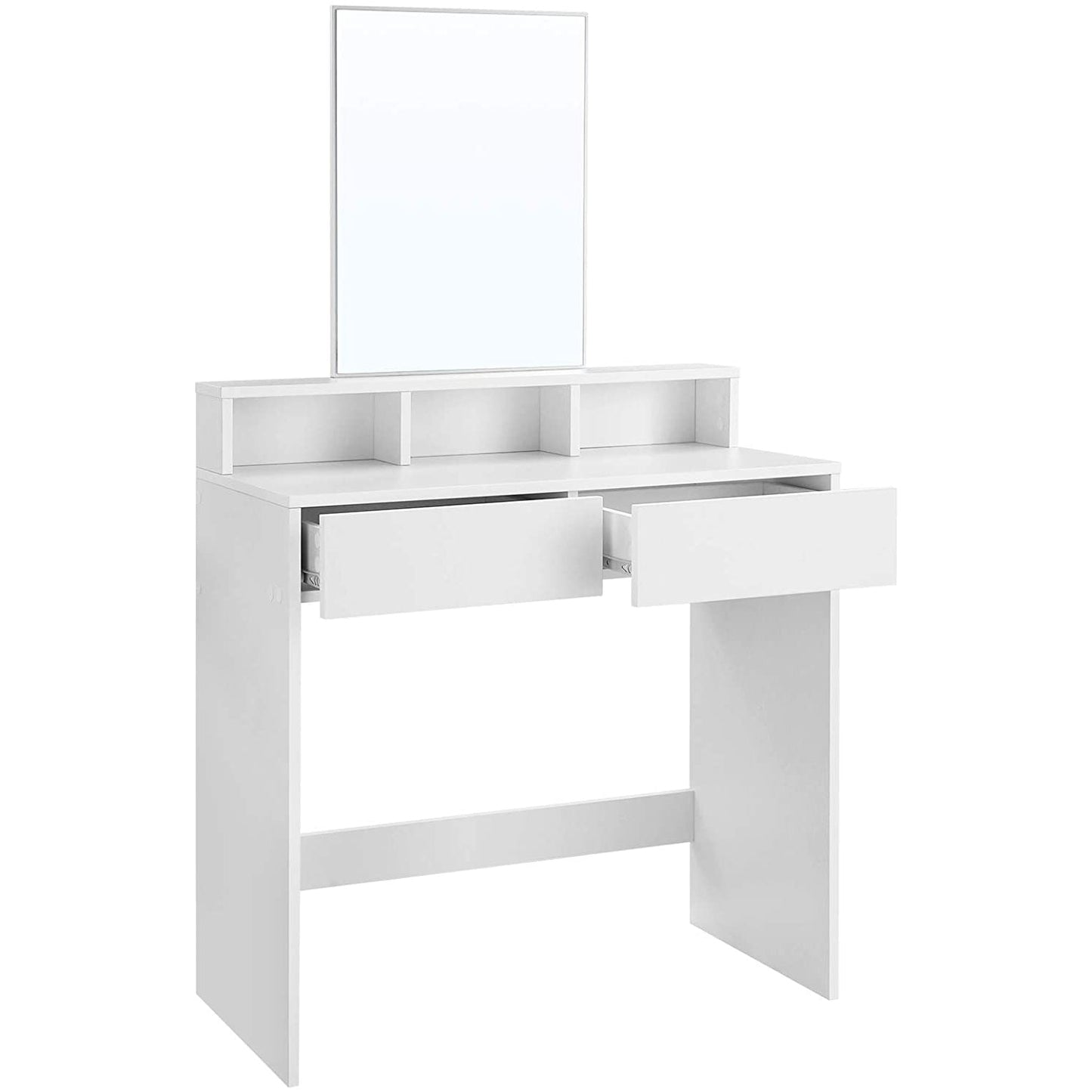 VASAGLE - Tocador con Espejo Rectangular, Mesa de Maquillaje, con 2 Cajones y 3 Compartimentos de Almacenamiento, Estilo Moderno, Blanco
