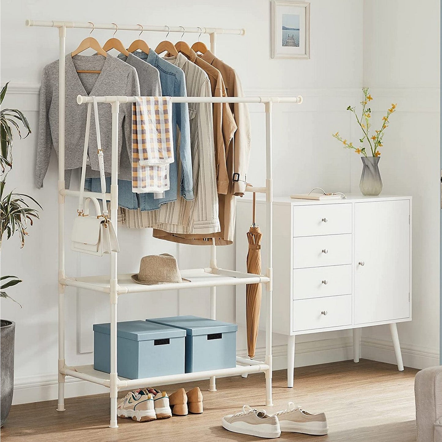 Perchero Doble Barra con 2 Estantes, Capicidad de Carga 70 kg