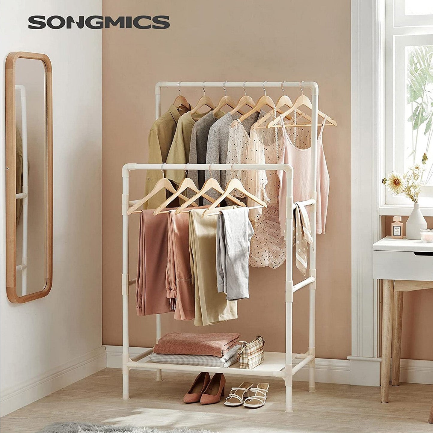 Perchero de Ropa con 2 Rieles y Estante, Capicidad de Carga 55 kg