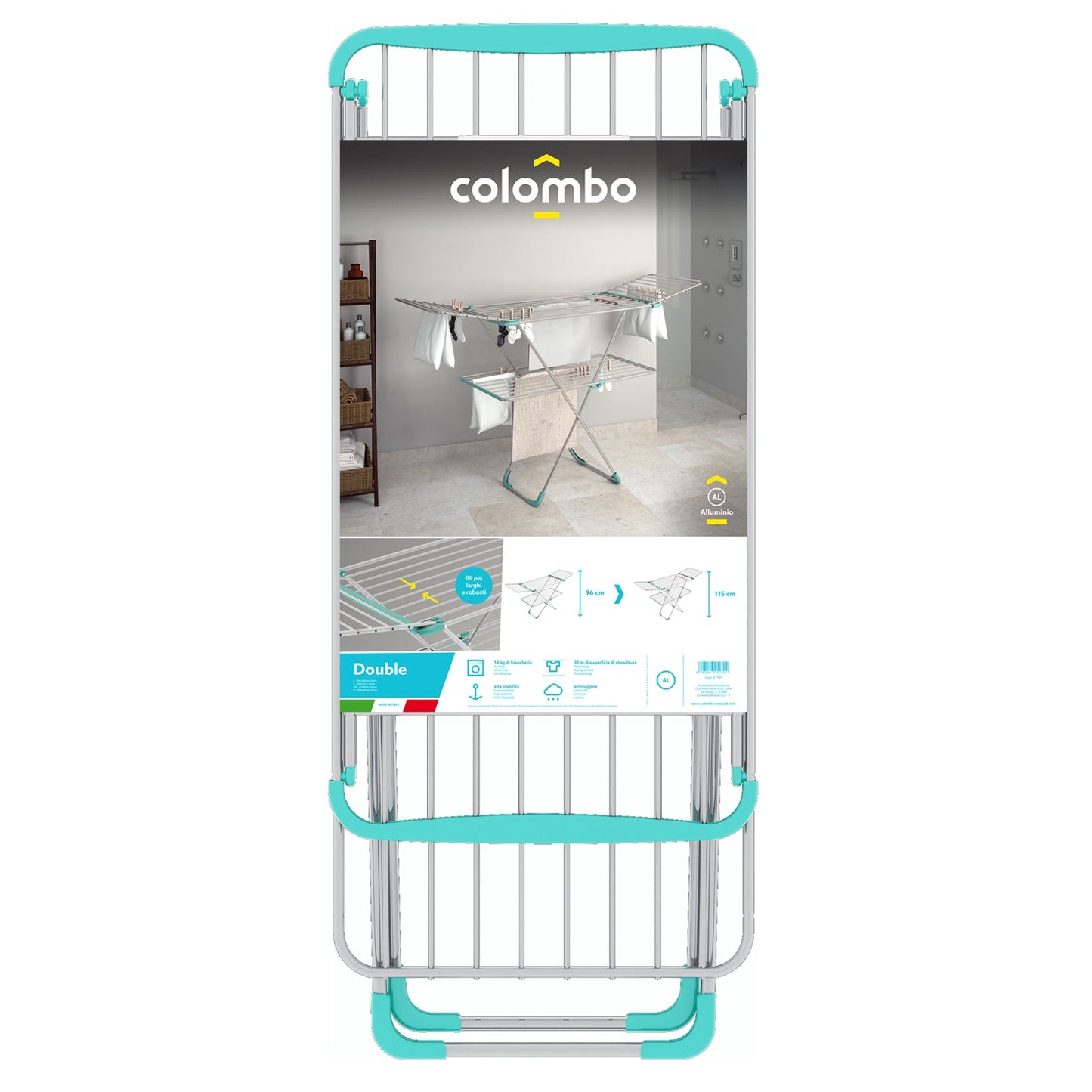 Tendedero Plegable para Interior Alado con 2 Niveles 30m, Aluminio Anodizado Antióxido, Ligero y Robusto, Hecho en Italia