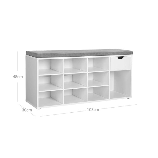 VASAGLE - Banco para Zapatos, Almacenamiento con Cajón y Compartimentos Abiertos, Estante para Zapatos, Asiento Acolchado