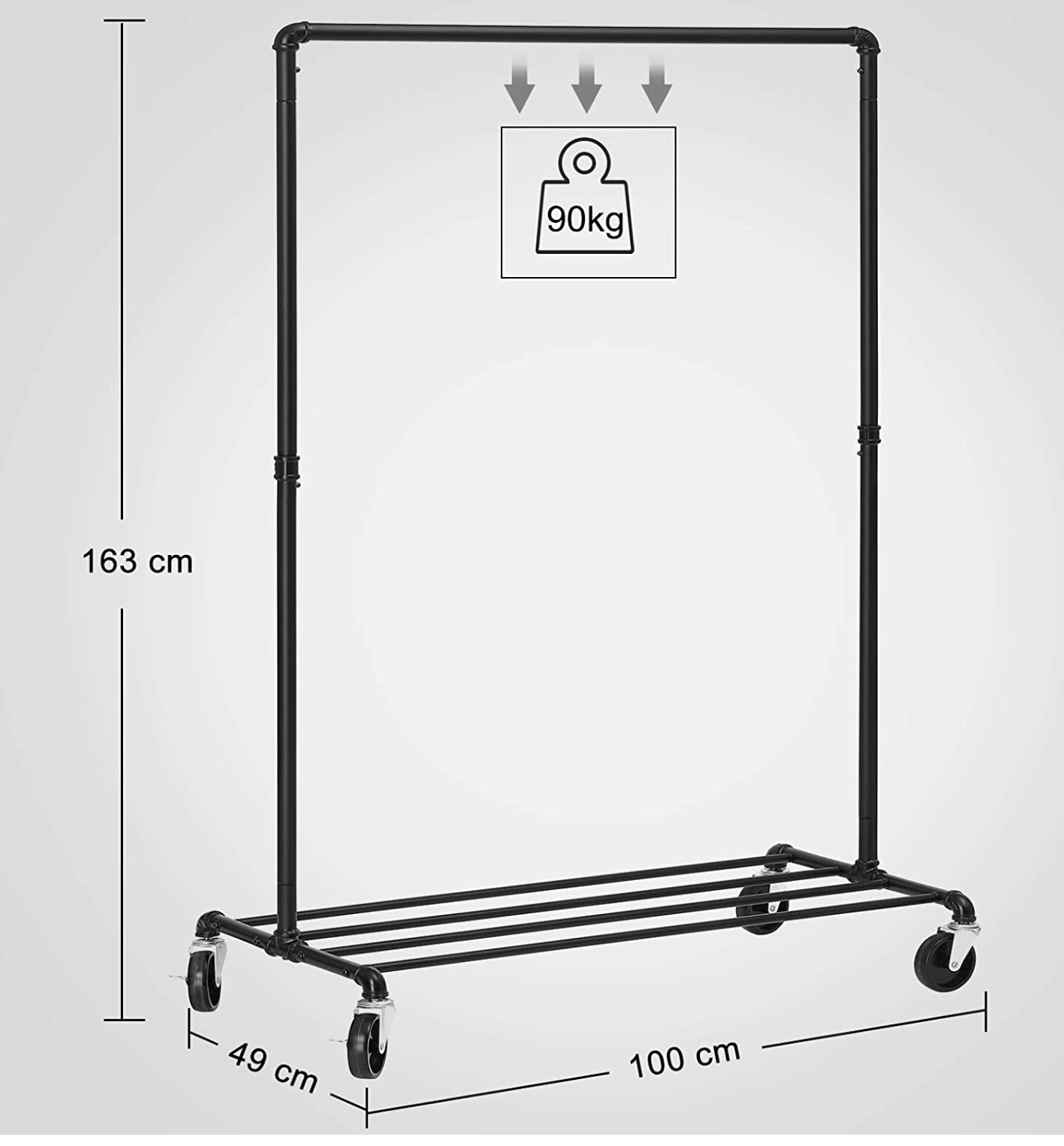Burro Ropa, Burro Ropa Resistente, Perchero Móvil con Estante, Capacidad de Carga de 90 kg, Songmics, 3