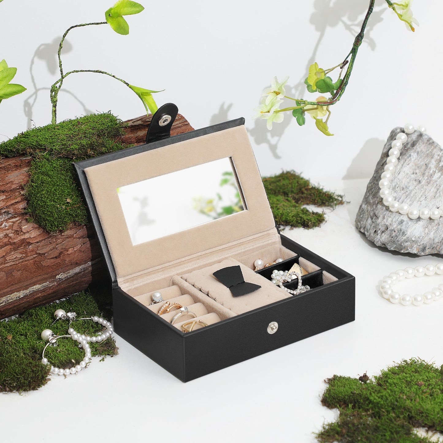 SONGMICS - Joyero de 2 cajones Joyero con cerradura con espejo Caja de viaje extraíble Anillo Pulsera Pendiente Collar Forro de terciopelo Regalo