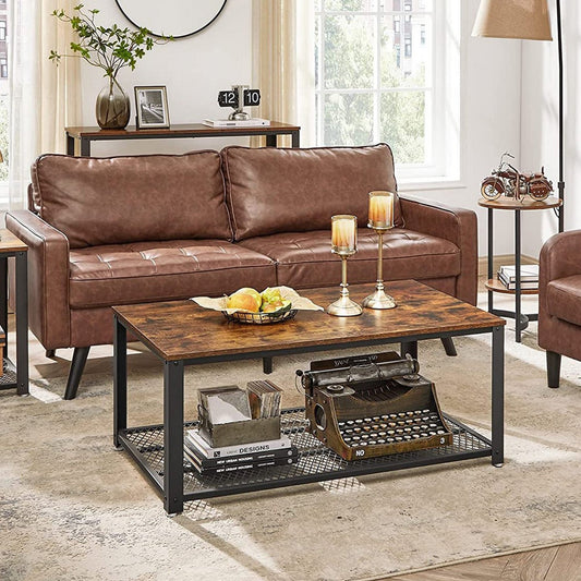 Mesa de Centro Estilo Industrial con Estante de Rejilla