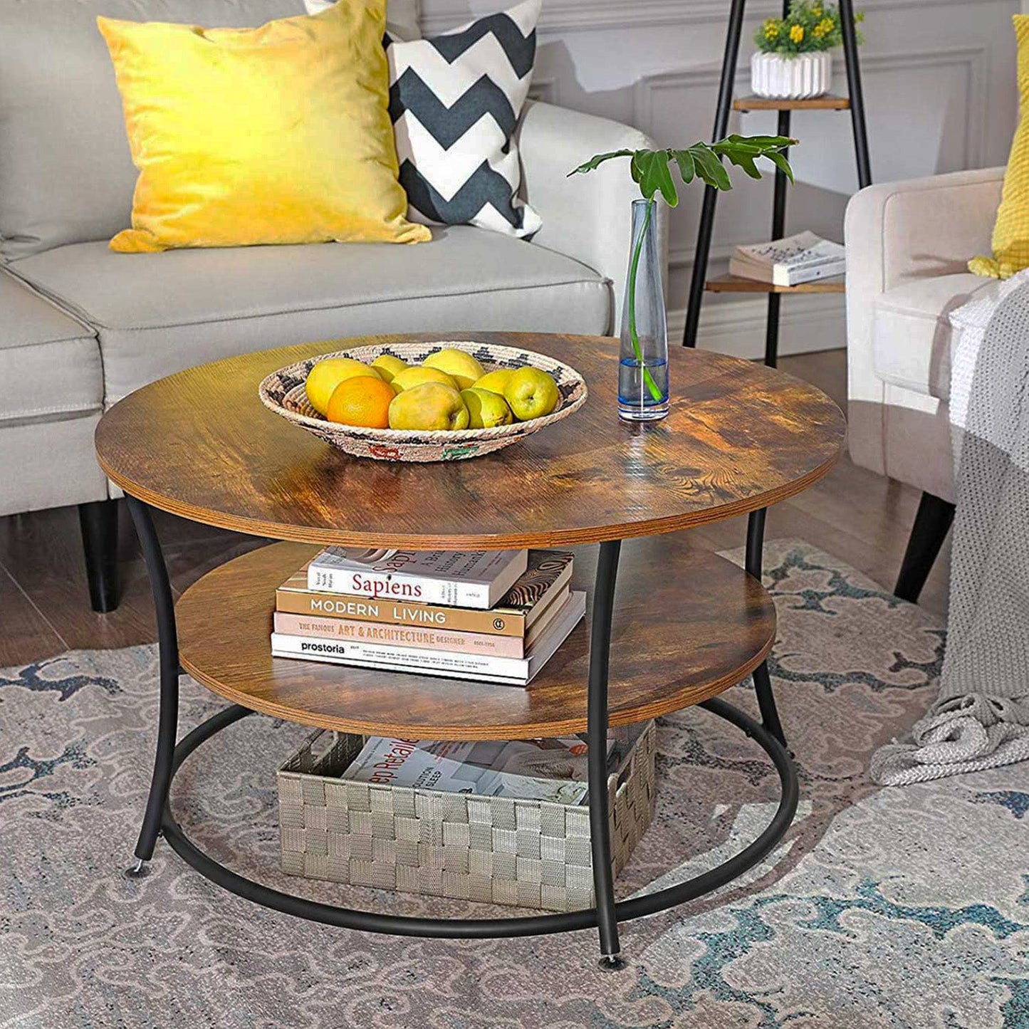 Mesa de Centro, Mesa auxiliar, Redonda Mesa con Estante, Diseño Industrial, Mesa de chá de redonda elegante, Vasagle, 1