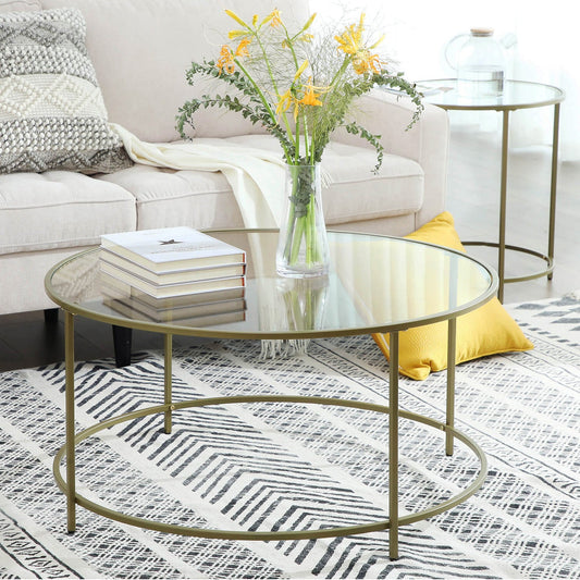 Mesa de Centro Redonda de Cristal con Marco de Acero Dorado