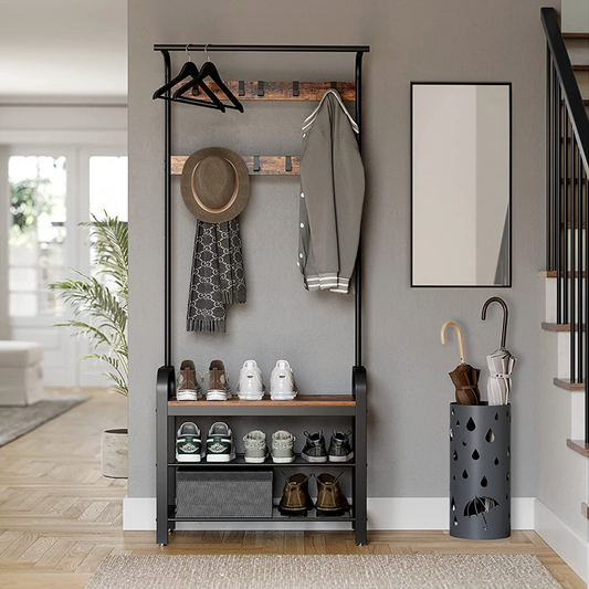 Perchero Entrada, Perchero con Zapatero, Perchero con Banco, con 9 Ganchos, Estilo Industrial, Marrón Rústico, Vasagle, 2