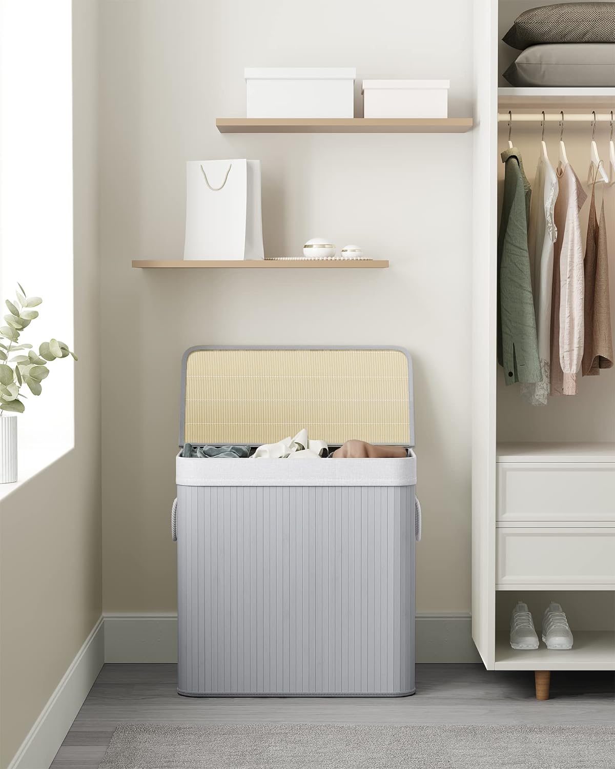 Cesto Ropa Bambu, 150 L, 3 Compartimentos, Cesta Ropa Sucia 3 Clasificaciones, con Tapa, Bambú, Gris, SONGMICS, 10