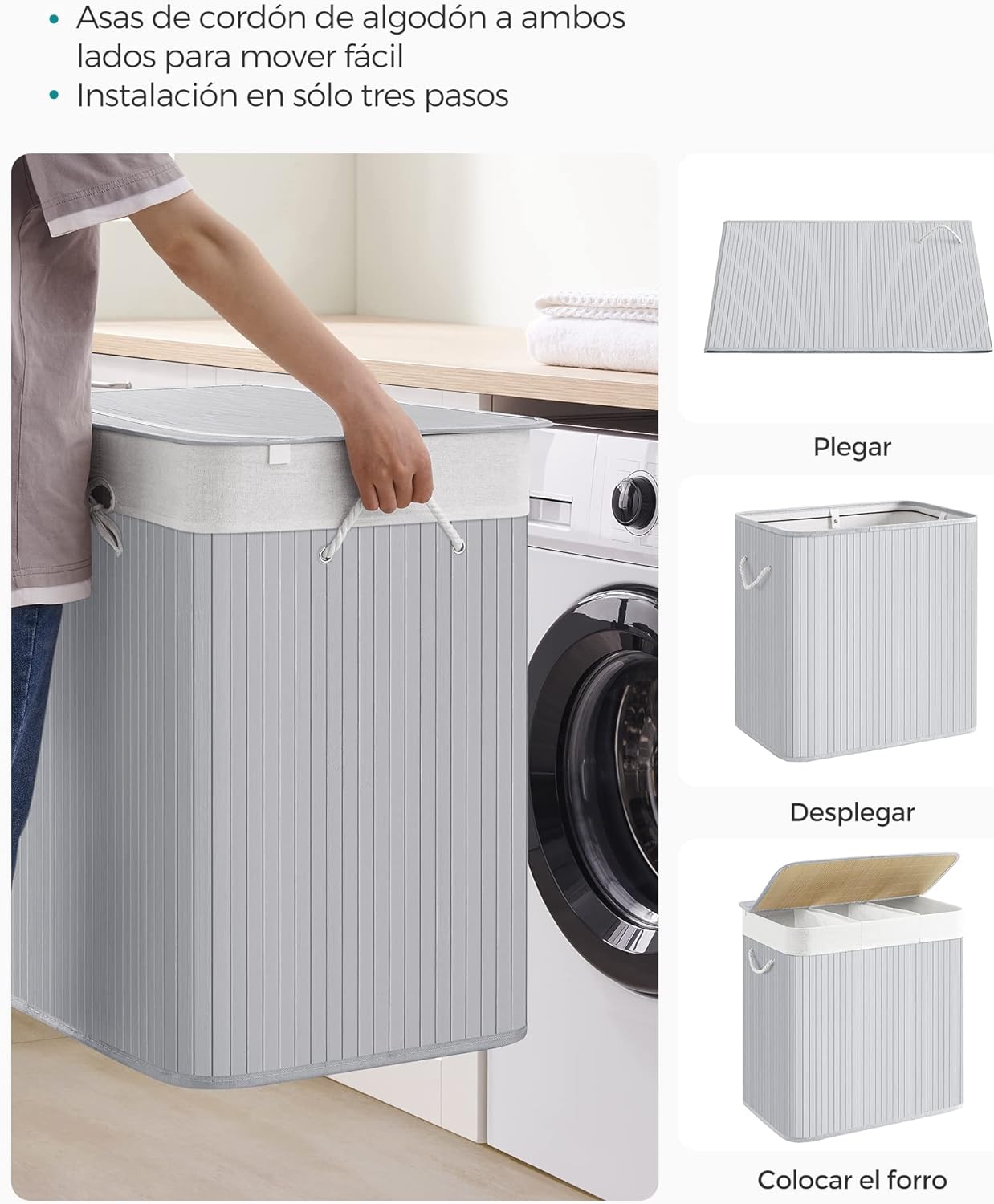 Cesto Ropa Bambu, 150 L, 3 Compartimentos, Cesta Ropa Sucia 3 Clasificaciones, con Tapa, Bambú, Gris, SONGMICS, 7