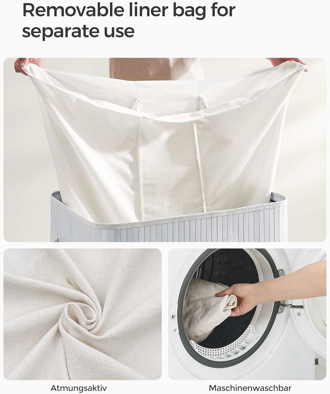 Cesto Ropa Bambu, 150 L, 3 Compartimentos, Cesta Ropa Sucia 3 Clasificaciones, con Tapa, Bambú, Gris, SONGMICS, 6