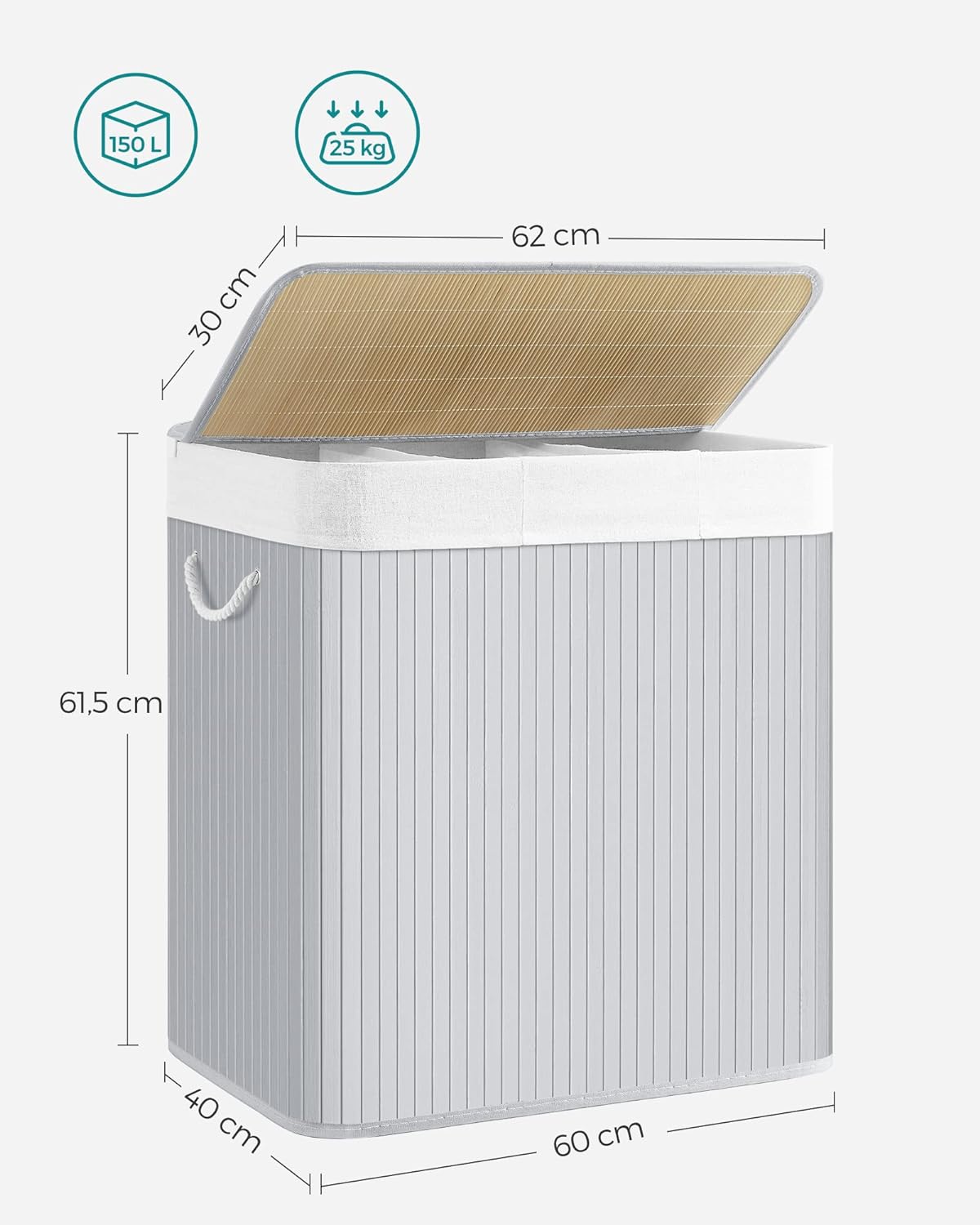 Cesto Ropa Bambu, 150 L, 3 Compartimentos, Cesta Ropa Sucia 3 Clasificaciones, con Tapa, Bambú, Gris, SONGMICS, 8