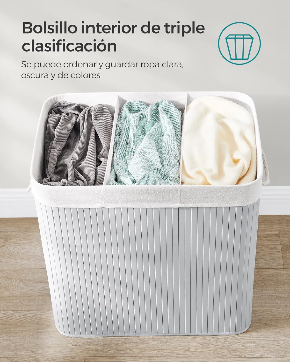 Cesto Ropa Bambu, 150 L, 3 Compartimentos, Cesta Ropa Sucia 3 Clasificaciones, con Tapa, Bambú, Gris, SONGMICS, 5